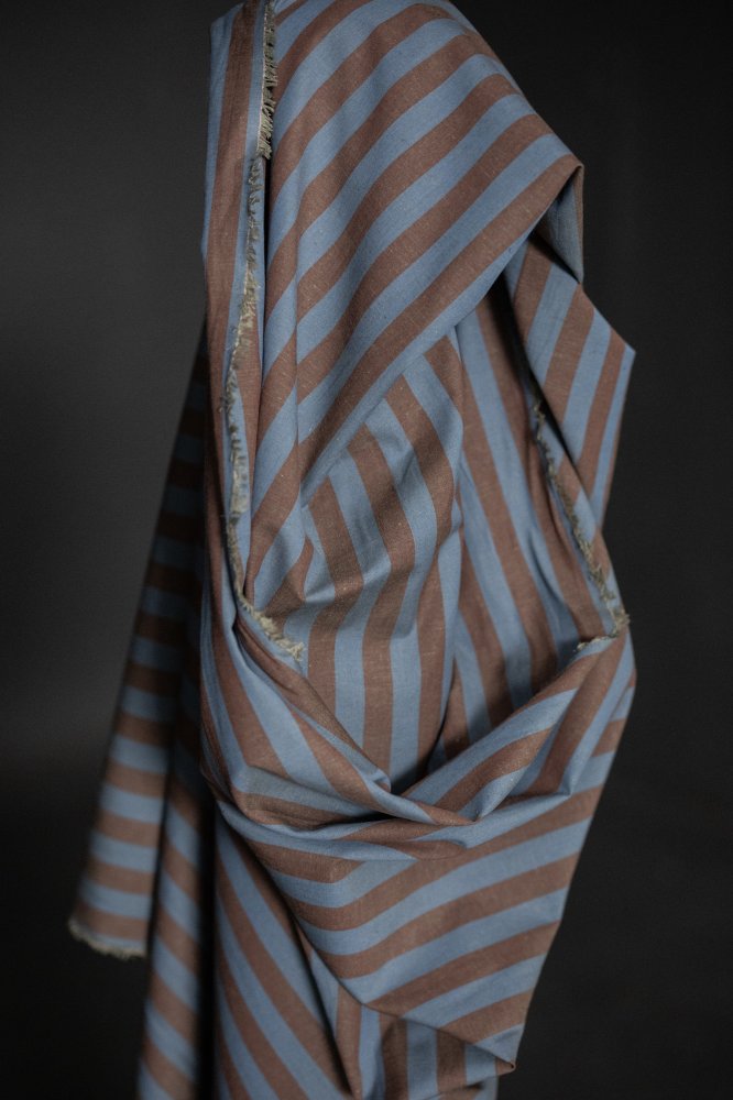 Blue Brown Cotton Linen Stripe