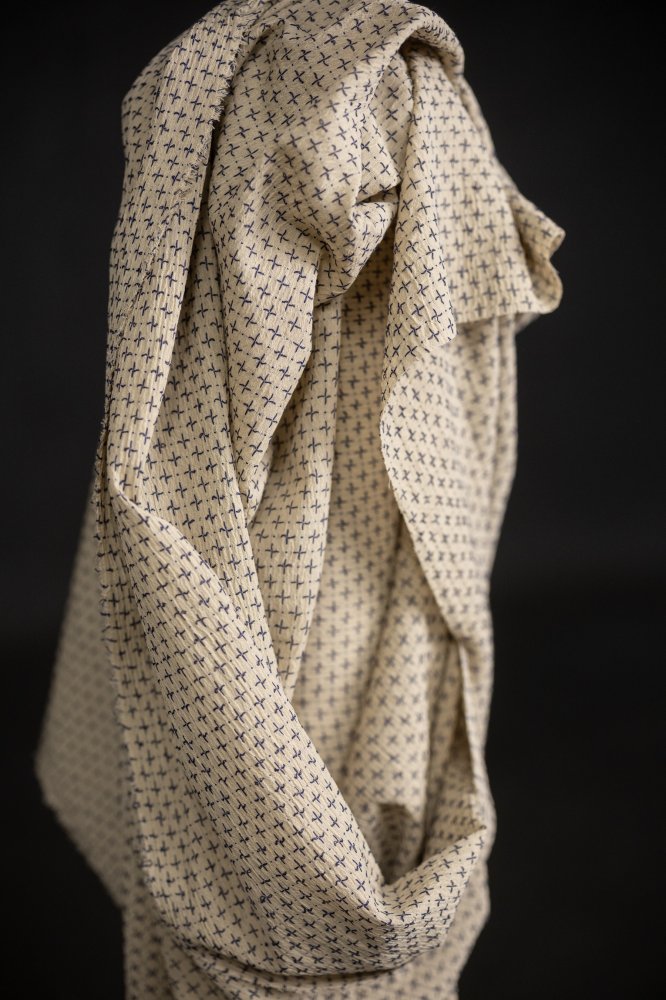 cream navy cross stitch fabric