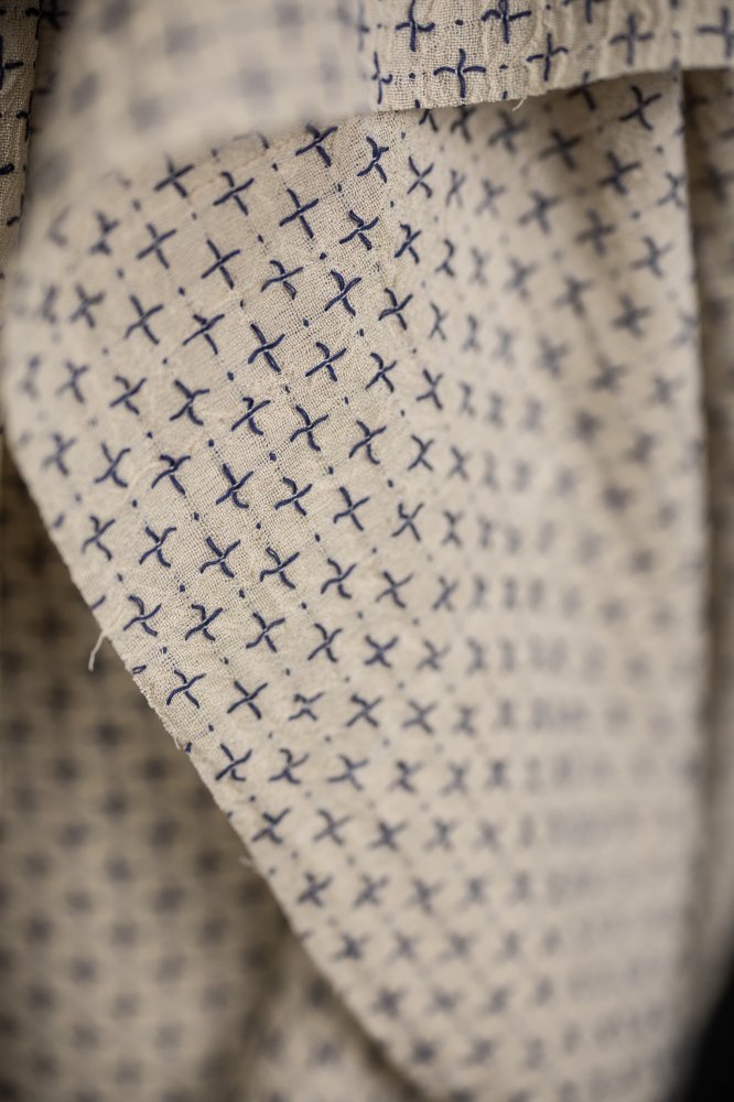 cream navy cross stitch fabric