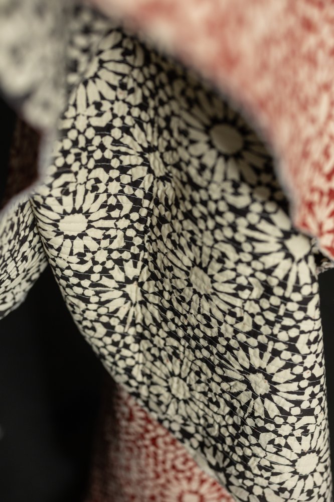 quilted red black block print fabric 