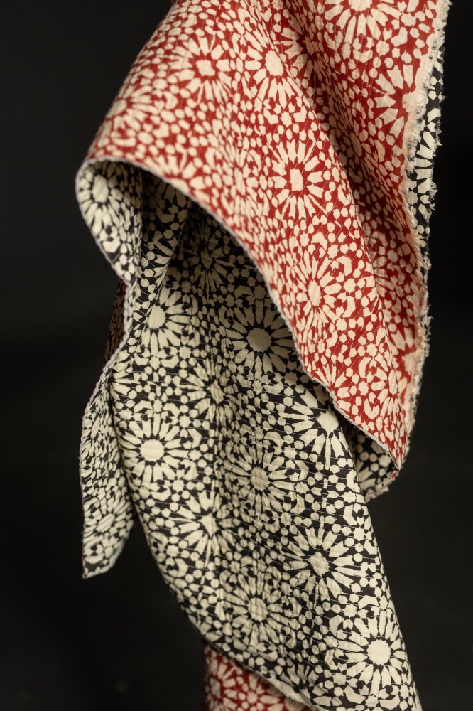 quilted red black block print fabric 