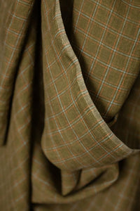 green orange blue check linen fabric