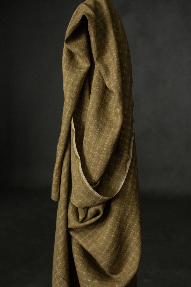 green orange blue check linen fabric