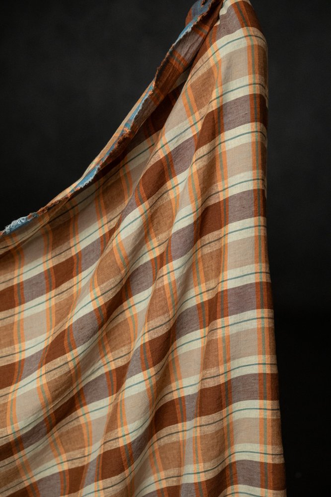 brown orange check linen fabric