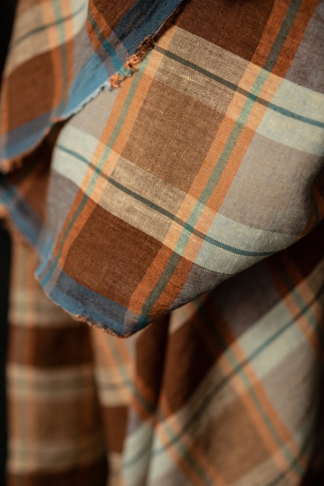 brown orange check linen fabric