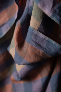 large check in berry tones European laundered linen fabric