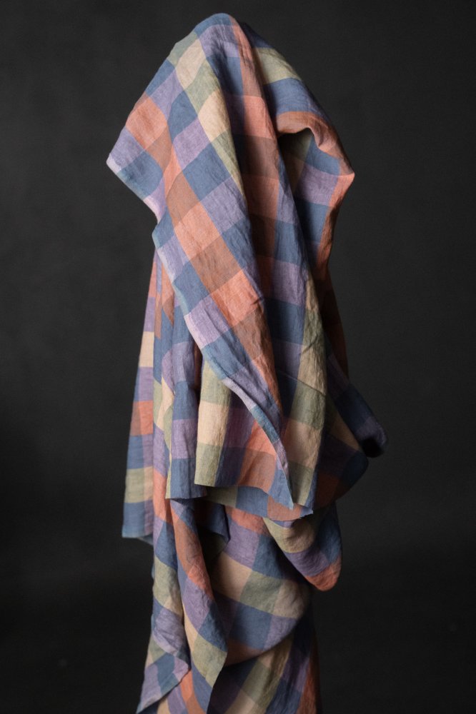 large check in berry tones European laundered linen fabric