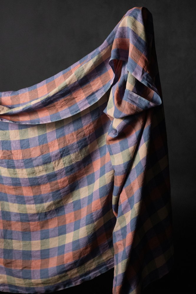 large check in berry tones European laundered linen fabric