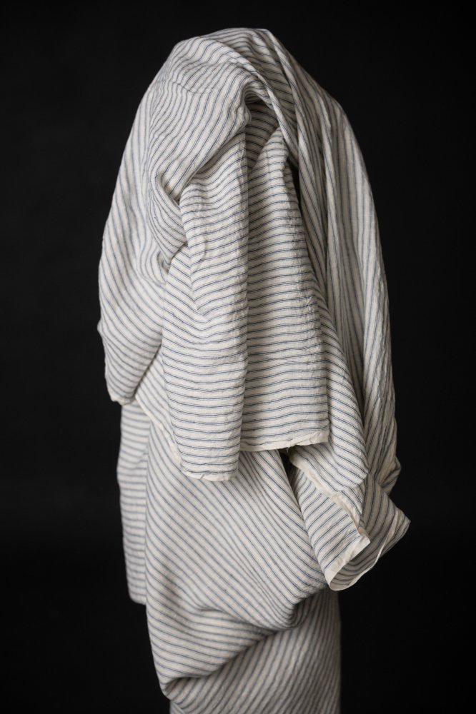 Blue and white stripe extra wide laundered linen fabric