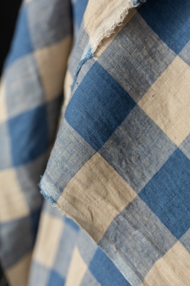 blue pink gingham linen