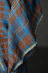 blue brown check linen fabric