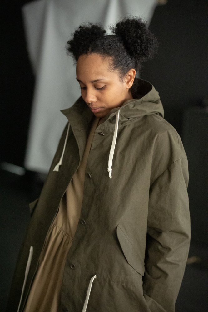 Khaki green oilskin parka jacket with hood