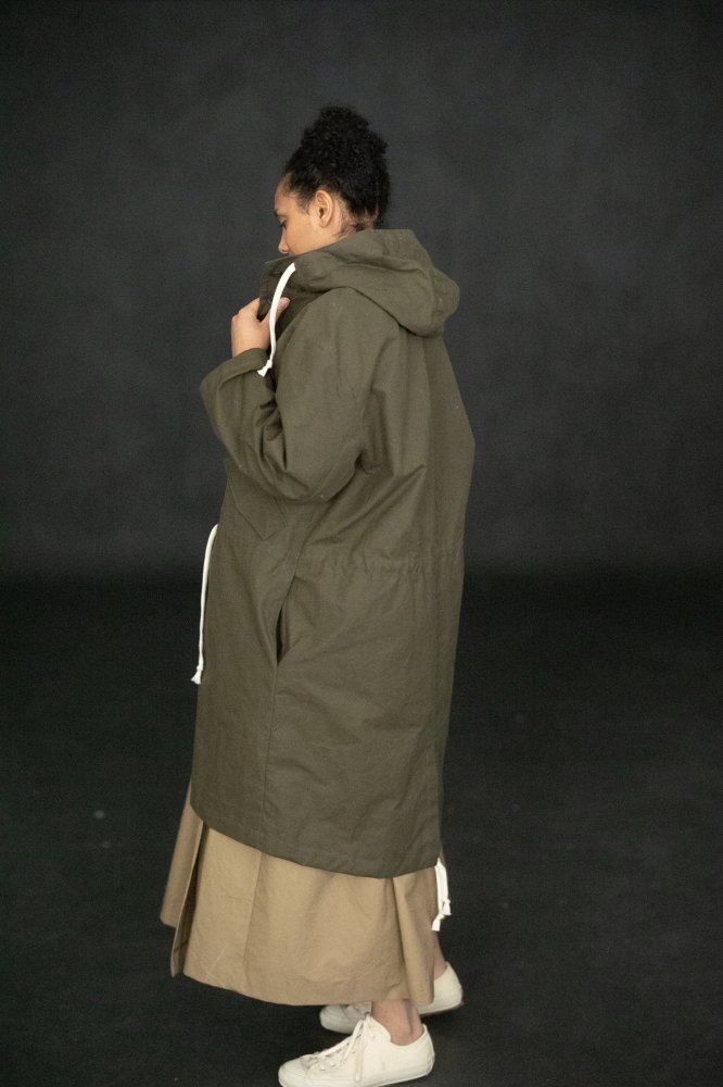Khaki green oilskin parka jacket with hood