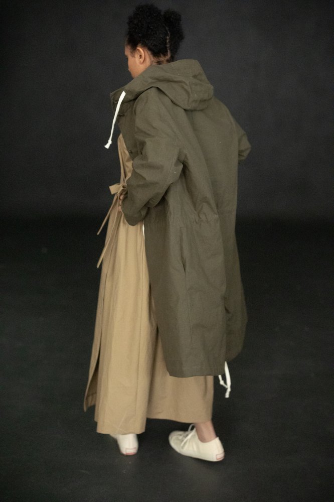 Khaki green oilskin parka jacket with hood