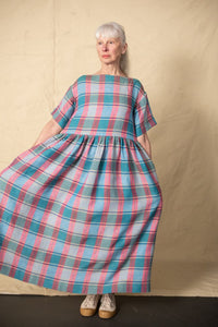 Checked linen boat neck dress