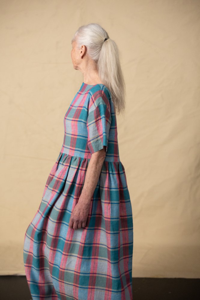 Checked linen boat neck dress
