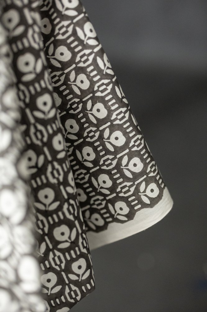 black floral block print fabric