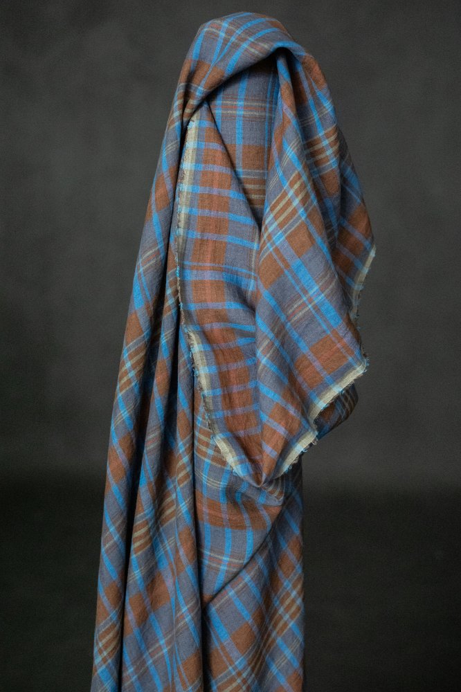 blue brown check linen fabric