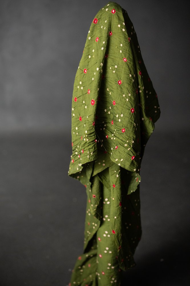 Bandhani tie-dye Indian cotton fabric in olive green