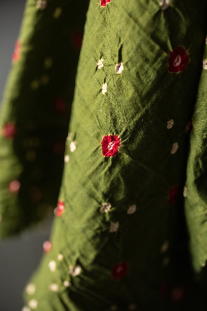 Bandhani tie-dye Indian cotton fabric in olive green