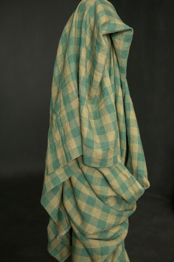 green gingham check fabric linen