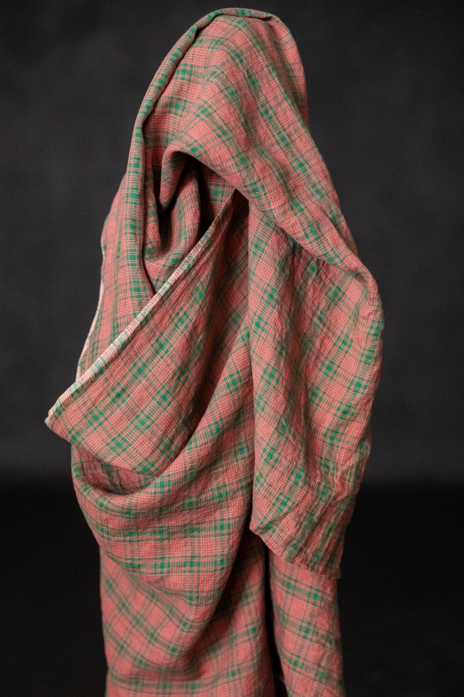 pink green checked linen