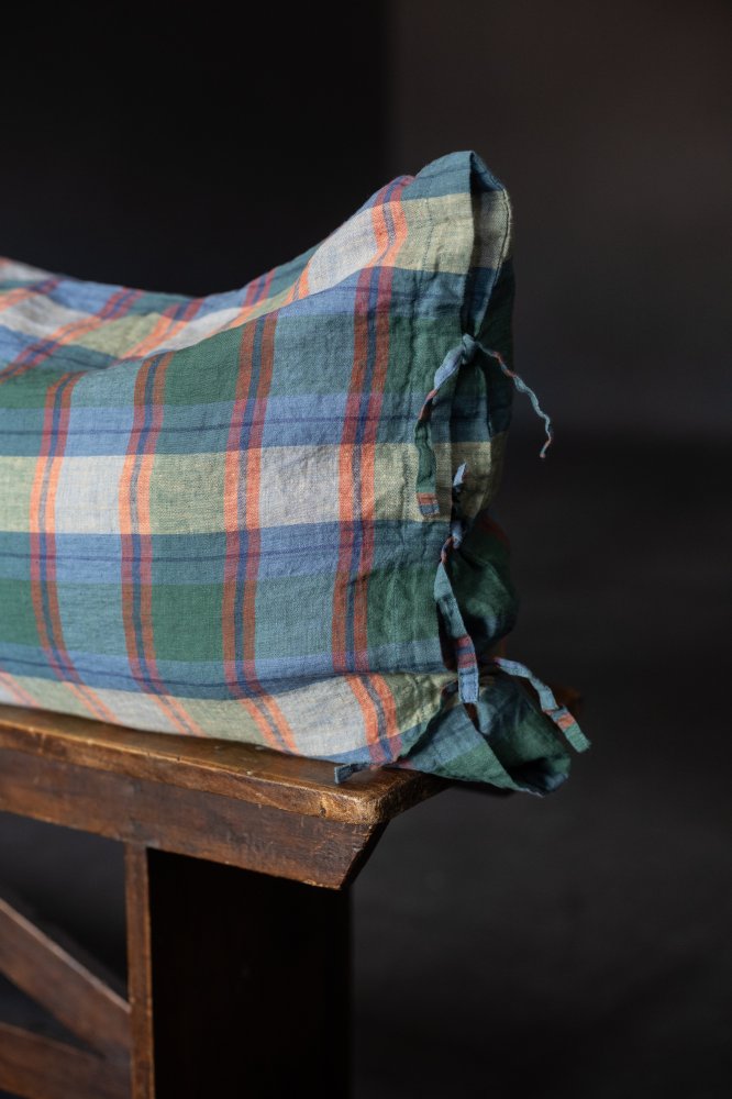 green blue linen check pilllowcase