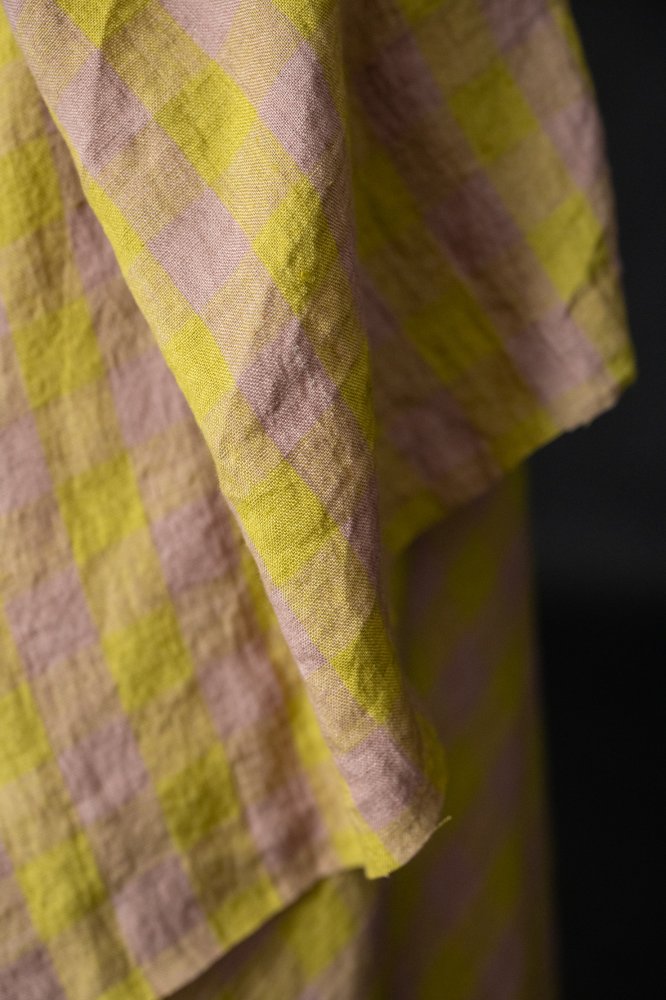 Rose pink and yellow gingham laundered linen fabric
