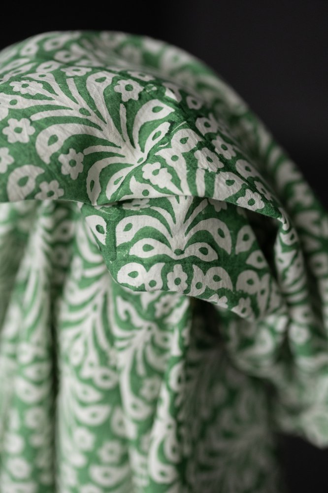 green block print floral fabric