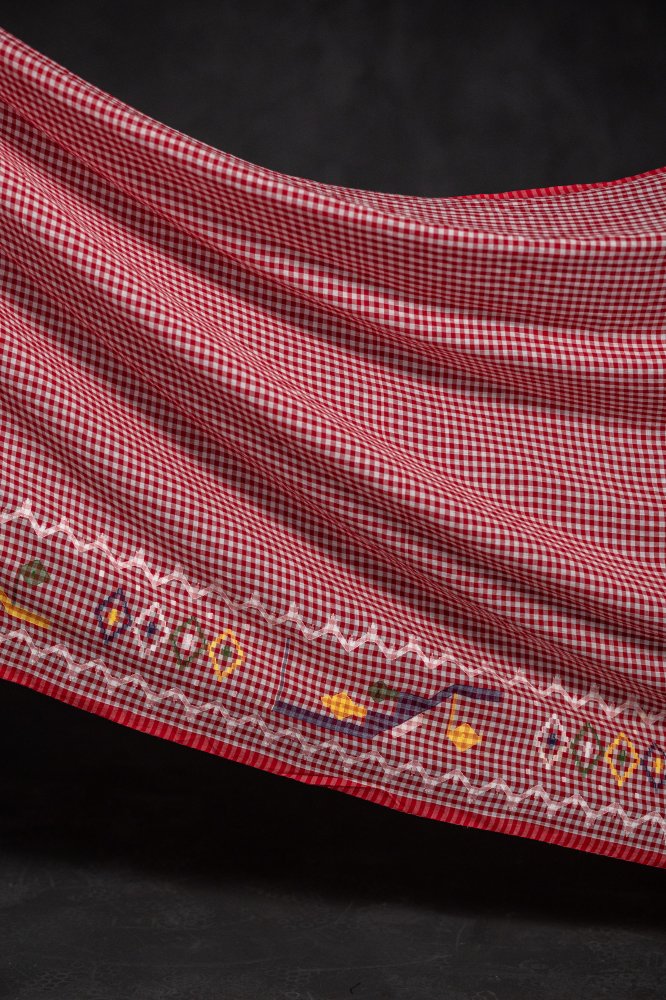 red gingham Jamdani fabric