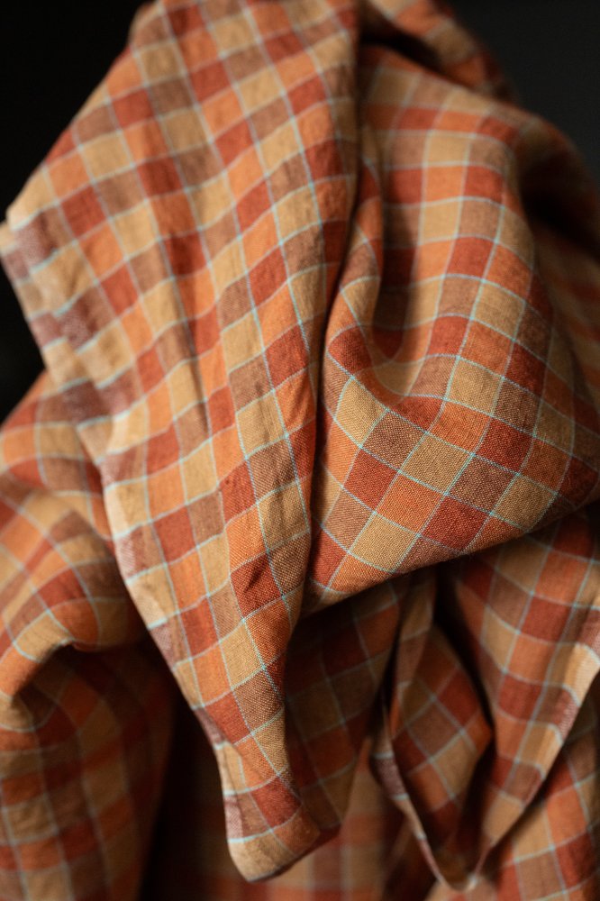 orange check gingham linen fabric