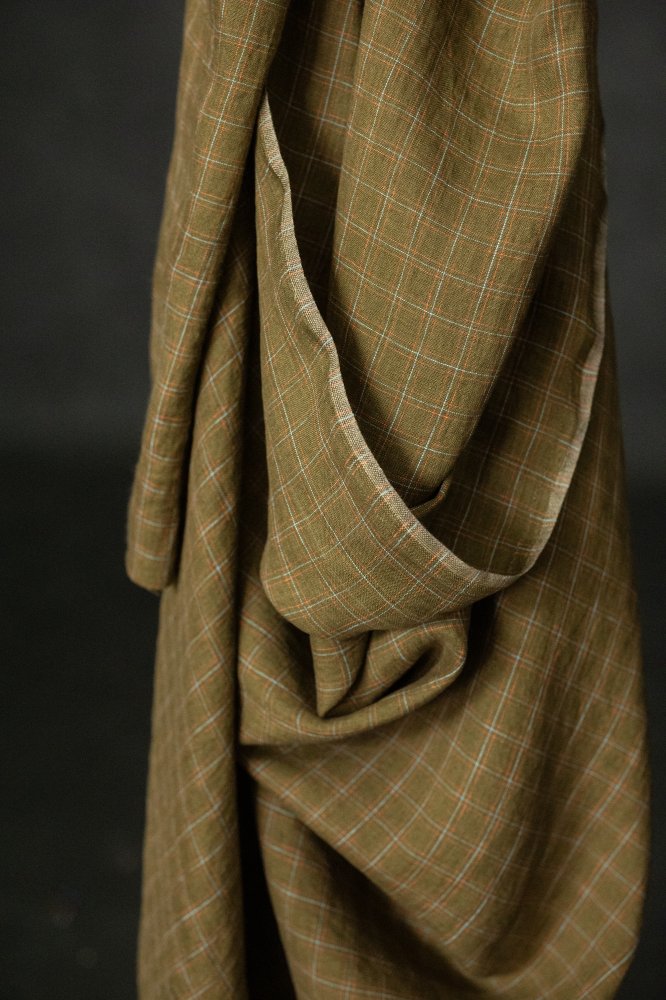 green orange blue check linen fabric