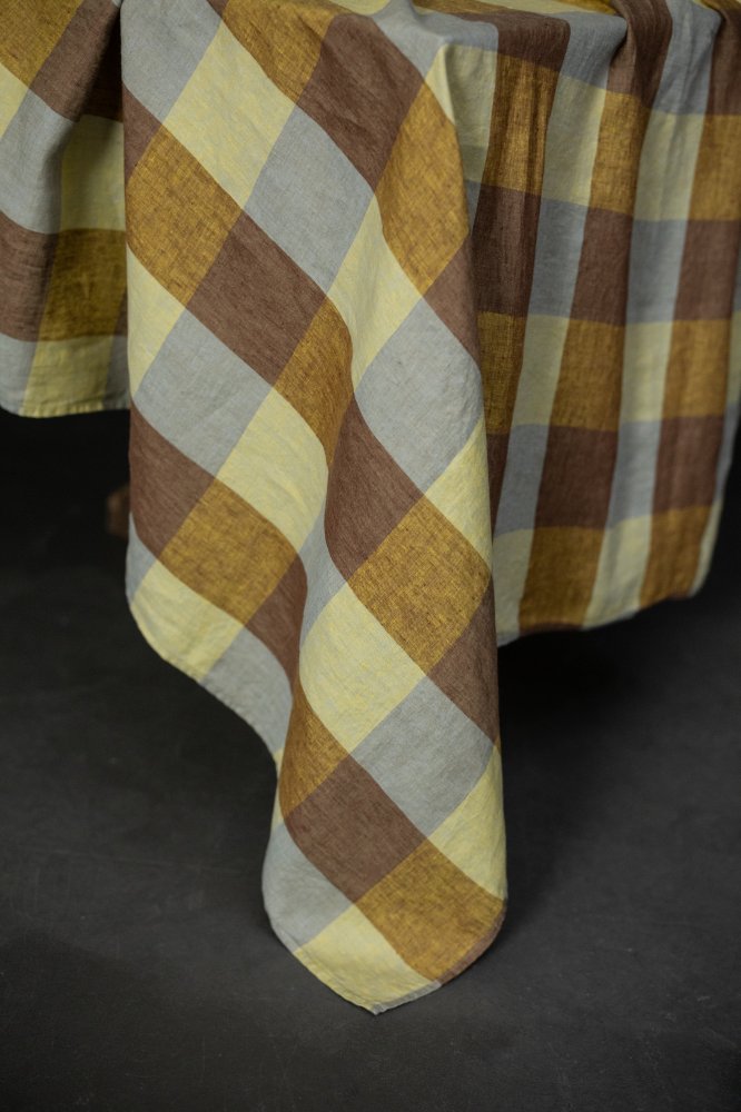 brown, yellow and blue check linen tablecloth