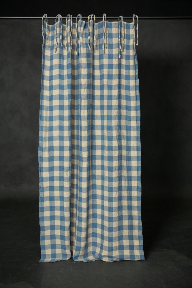 Halland Gingham Laundered Linen Curtain With Tie Top
