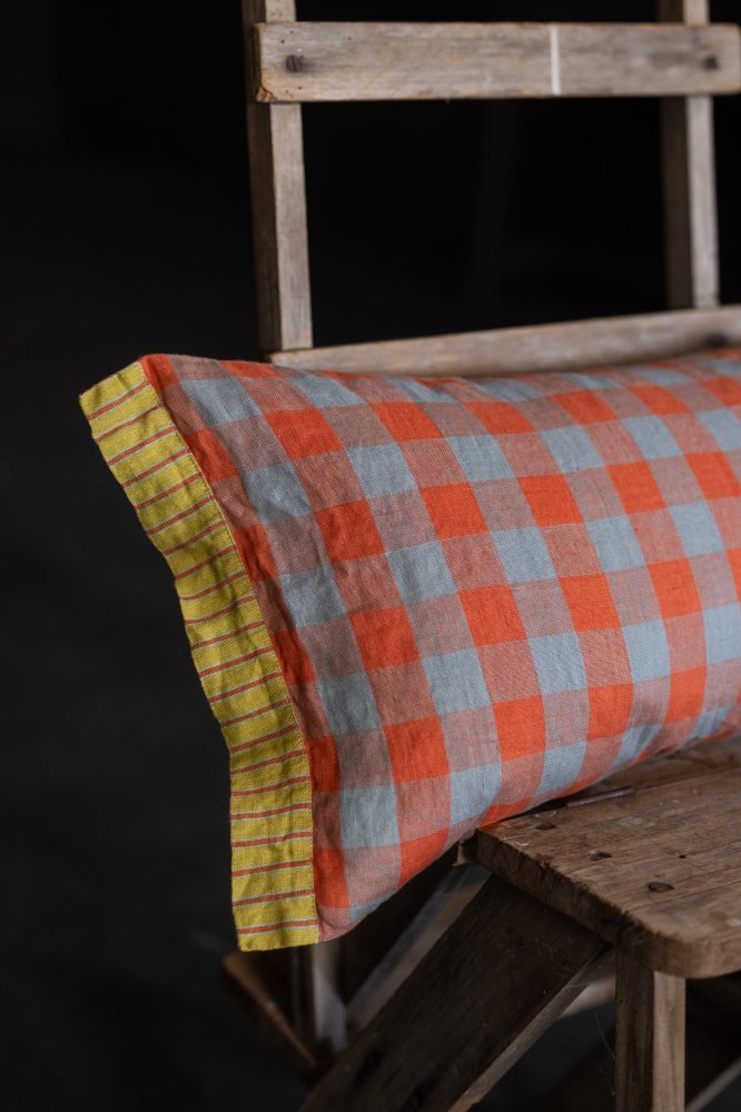 blue orange gingham cushion