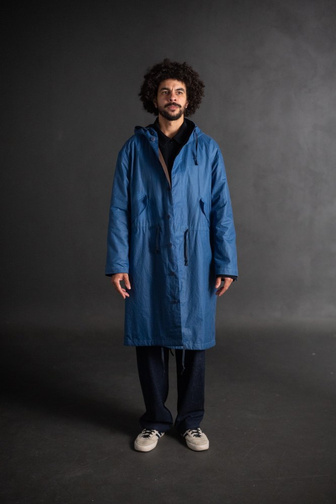 Blue ripstop parka jacket with hood