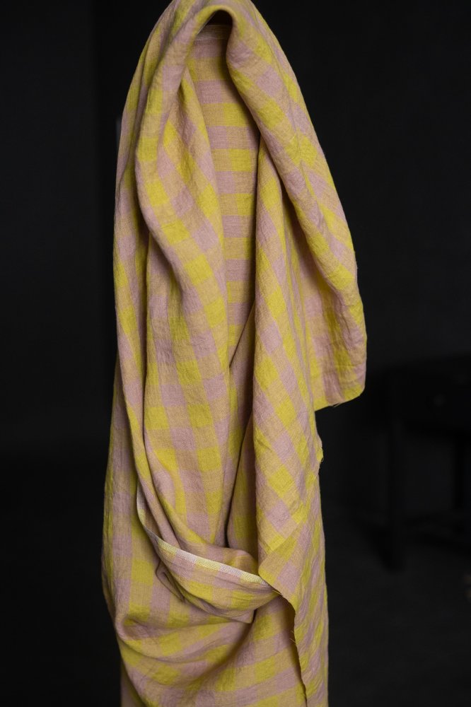 Rose pink and yellow gingham laundered linen fabric