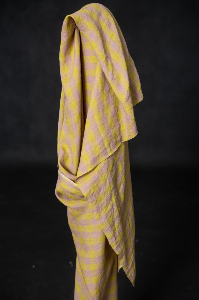 Rose pink and yellow gingham laundered linen fabric