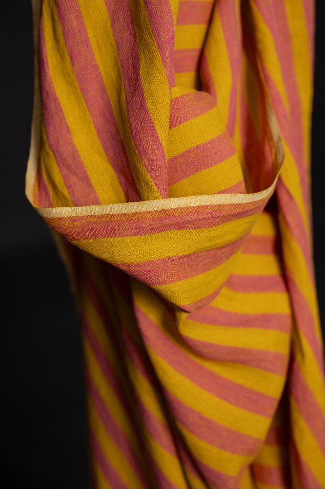 orange and bright coral pink striped laundered linen fabric