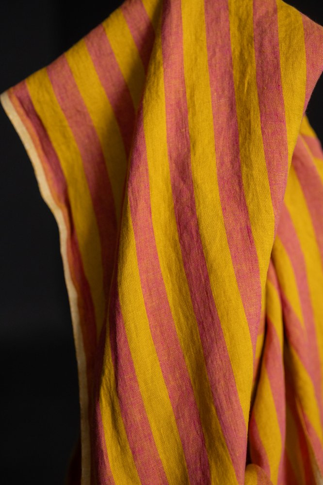 orange and bright coral pink striped laundered linen fabric