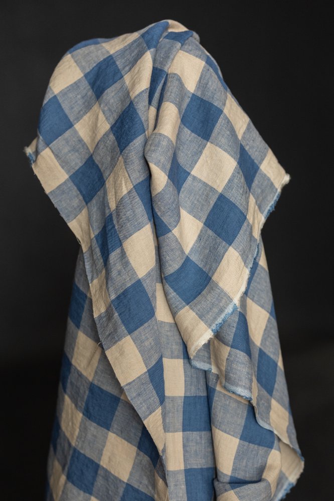blue pink gingham linen