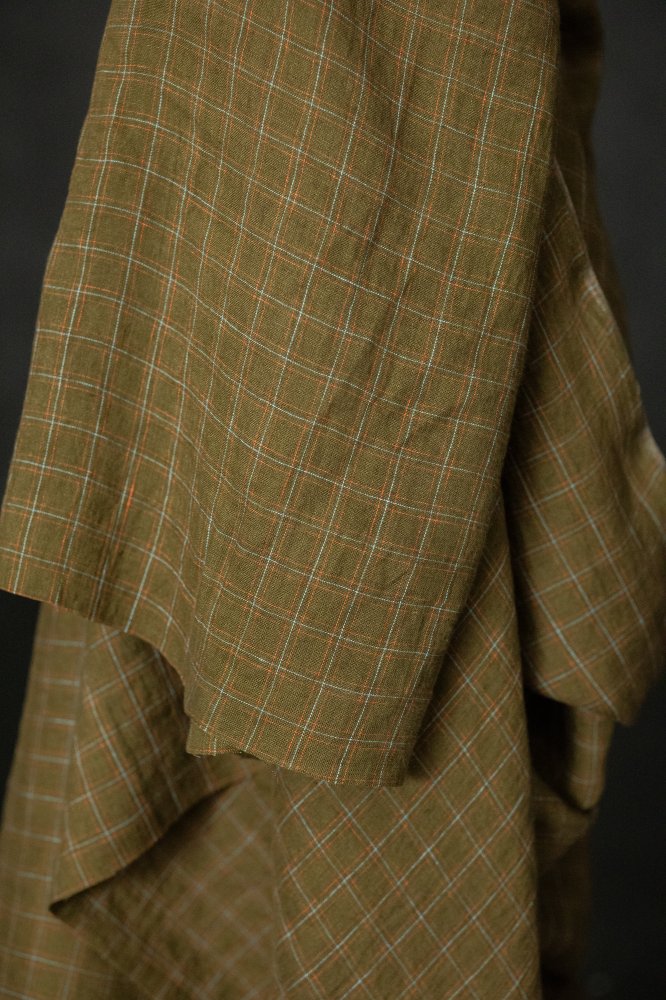 green orange blue check linen fabric