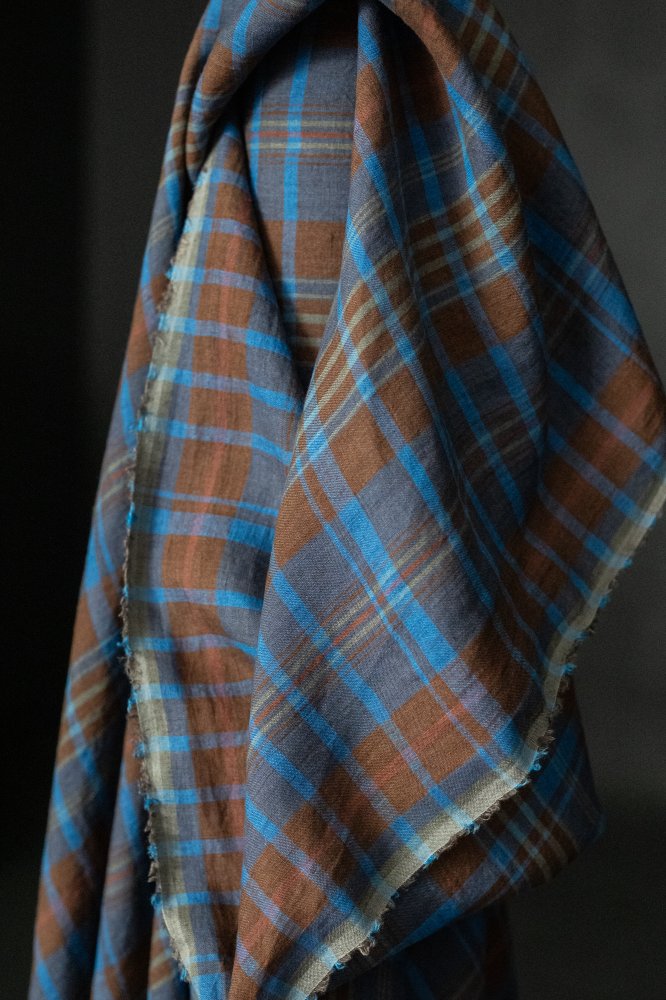blue brown check linen fabric