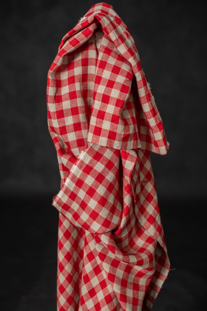 red neutral gingham linen fabric