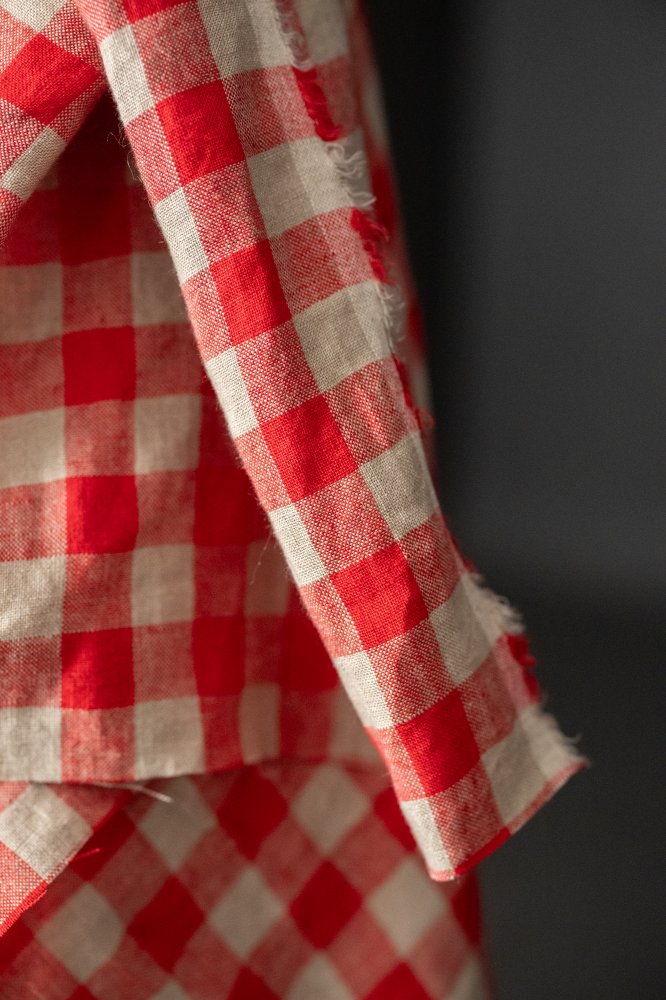 red neutral gingham linen fabric