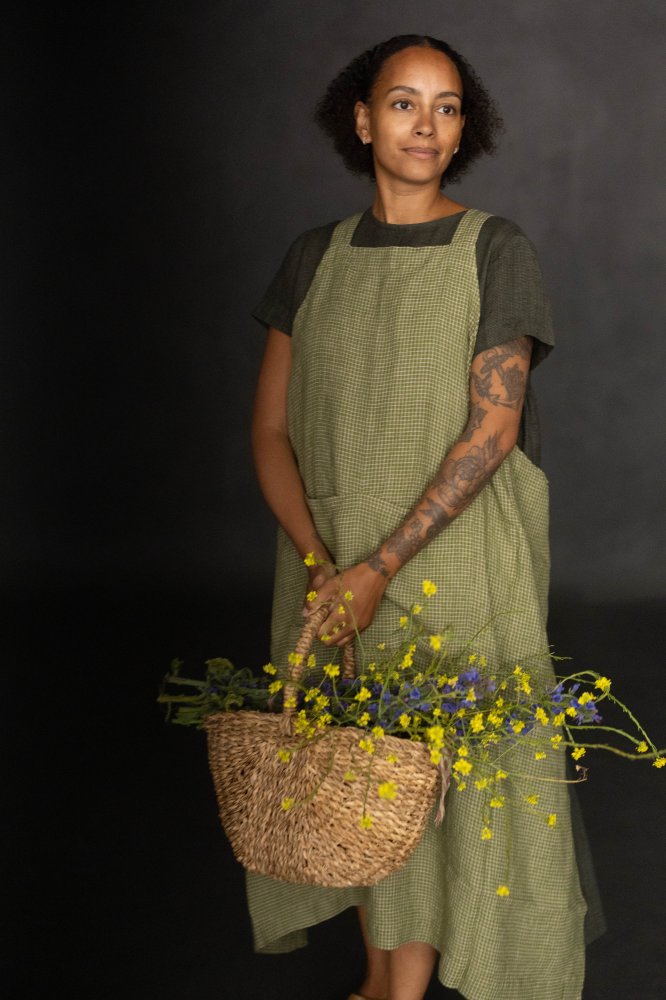 green check linen apron