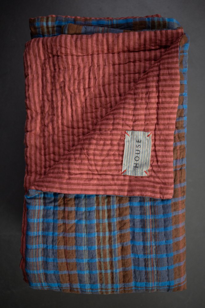 The Lakes/Pink Cloud Laundered Linen Kantha Stitched Quilt