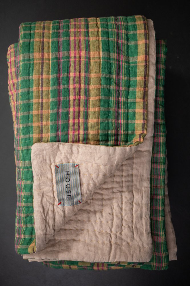 Madhatter/French Clay Laundered Linen Kantha Stitched Quilt