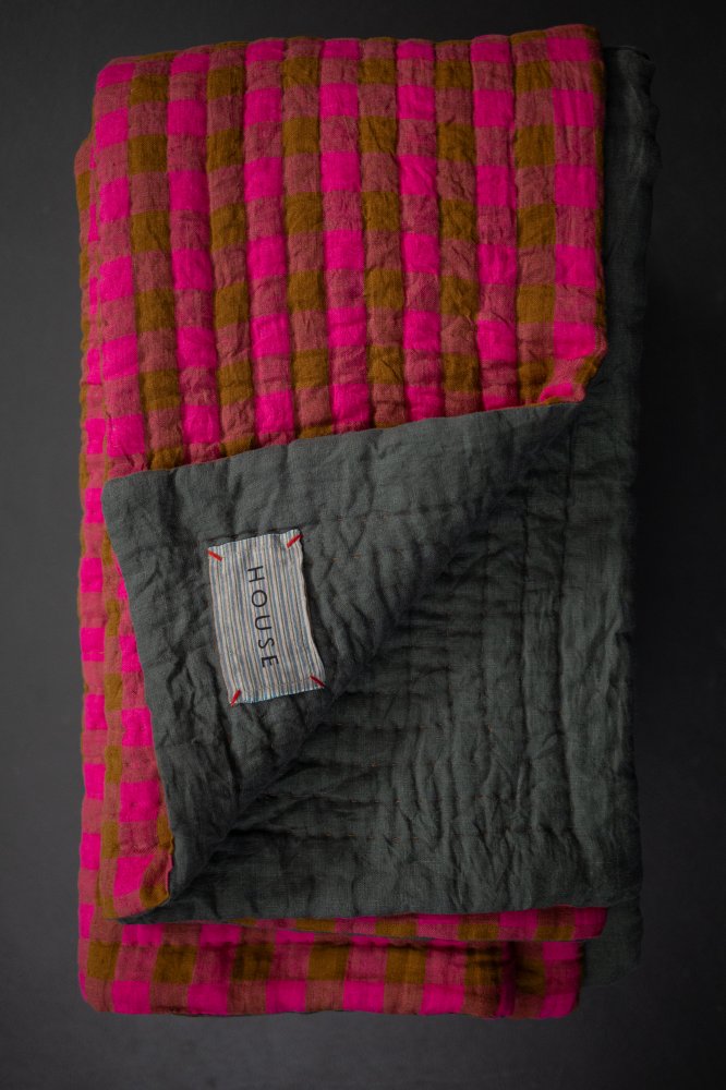 Rhubarb Toffee/Garden Slate Laundered Linen Kantha Stitched Quilt