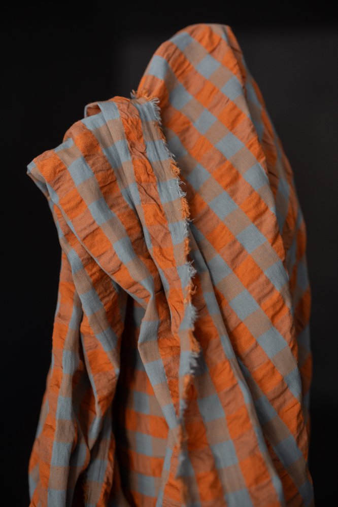 orange blue cotton gingham seersucker